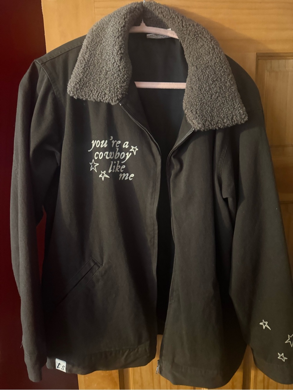 Taylor Swift Black Utility Jacket with Gray Sherpa Collar